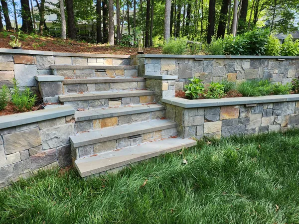 Natural stone steps with built-in step lights