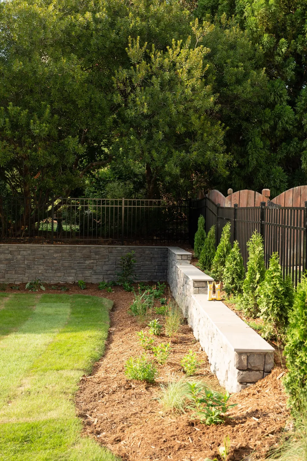 Stone retaining wall with a capped seat wall and arborvitae screening along the fence line