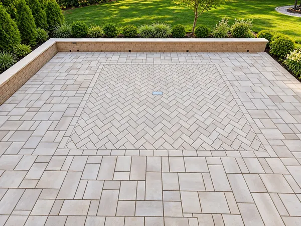 Large paver patio with a herringbone center inlay, framed by a low stone seat wall and plantings